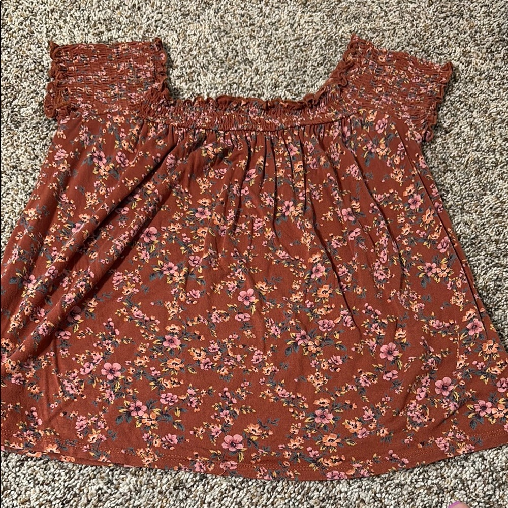 American Eagle Outfitters Brown Flutter Sleeve Smocked Crop Top